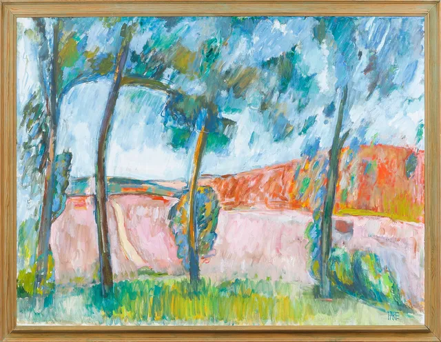 LEOPOLD FARE. "Landskap mellan träden, Spanska Pyreneérna", olja på duk, signerad.