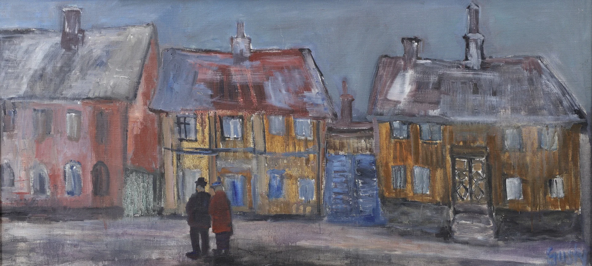 GUSTY OLSSON. "Snuslundgrens", Sandgärdsgatan i Växjö, olja på duk, signerad. — Paintings — Växjö Auktionskammare