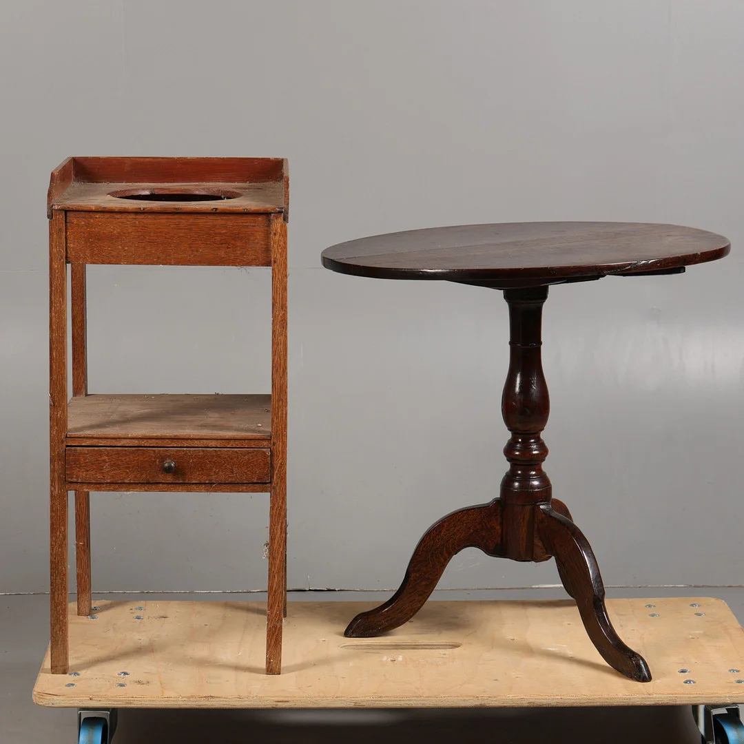 A GEORGE III OAK OCCASIONAL TABLE AND A VICTORIAN WASHSTAND (2). — Tables — Bishop & Miller