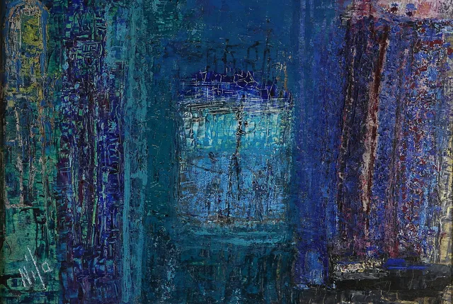 LAURI NILA. "Poecy Blue", olja på pannå, signerad, daterad -67.