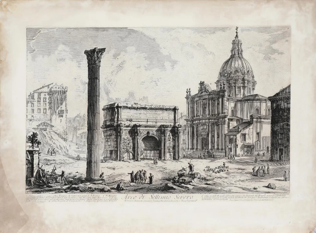The triumphal arc of Septimius Severus with the SS. Martina e Luca church to the right. Piranesi Architetto fec. Etching. 50×71 cm. Unframed. — Prints & Drawings — Bruun Rasmussen