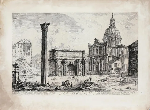 The triumphal arc of Septimius Severus with the SS. Martina e Luca church to the right. Piranesi Architetto fec. Etching. 50×71 cm. Unframed.