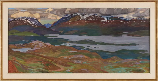 IVAN BERGDAHL (1929). "Mörkt fjällandskap, Torne Hamn, Torne träsk", olja på pannå.
