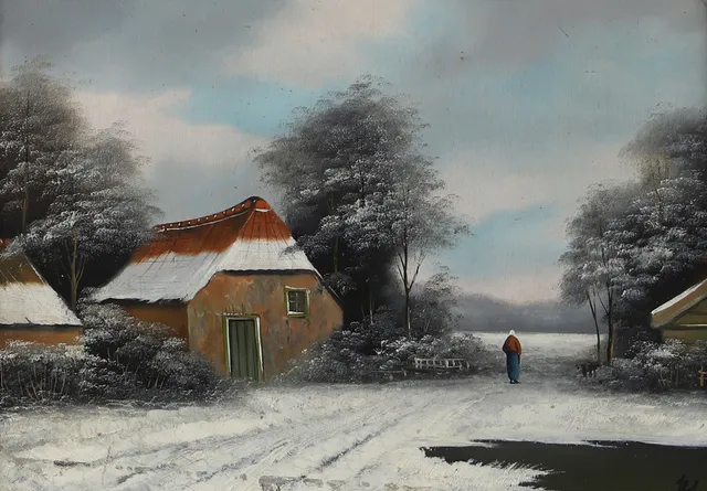 OIDENTIFIERAD KONSTNÄR. Vinterlandskap med hus och gumma, olja på pannå, otydligt signerad.
