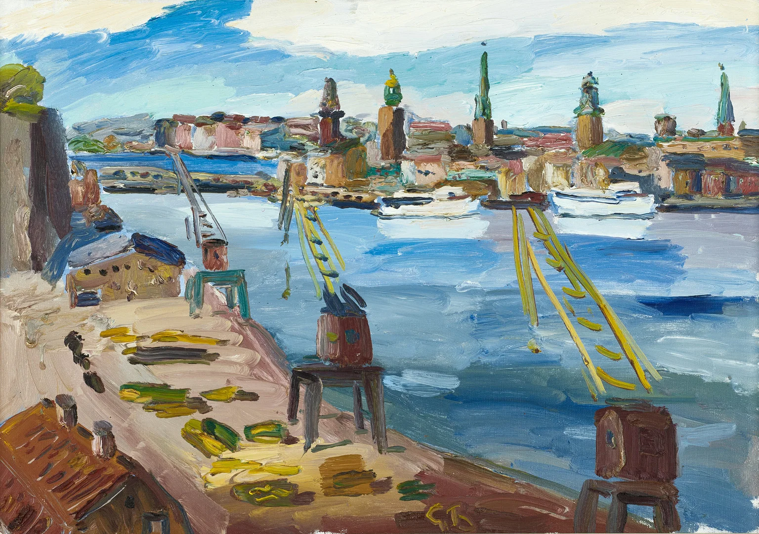 GÖRAN BRUNIUS (1911-2005). "Gamla Stan från Fåfängan", signerad och monogramsignerad, daterad Maj 1969, olja på duk. — Paintings — Crafoord Auktioner Stockholm