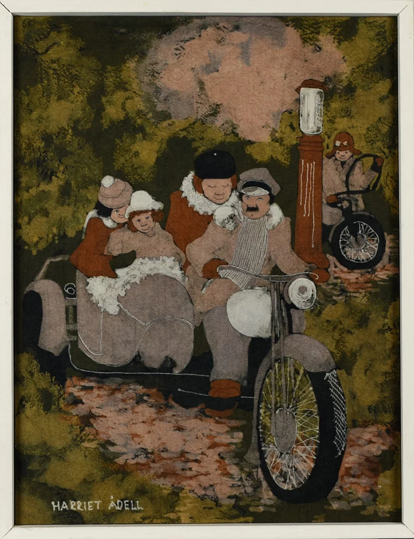 HARRIET ÅDELL. Batik på duk, Motorcykeltur, Signerad. — Other — Norrlands Auktionsverk