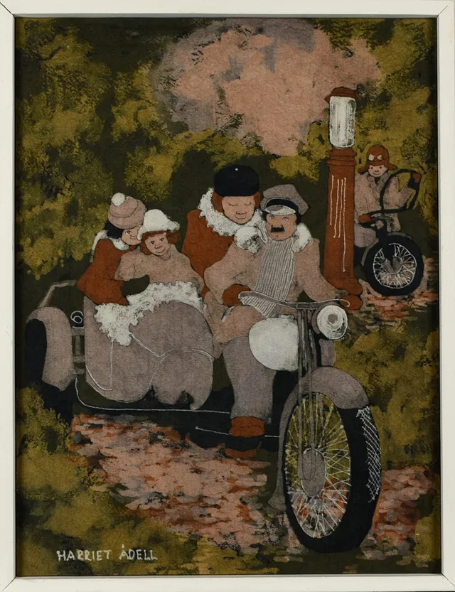HARRIET ÅDELL. Batik på duk, Motorcykeltur, Signerad.