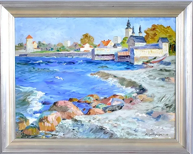 ALF SUNDSTRÖM. oljemålning på pannå, Visbymotiv med Almedalen och domkyrkan.