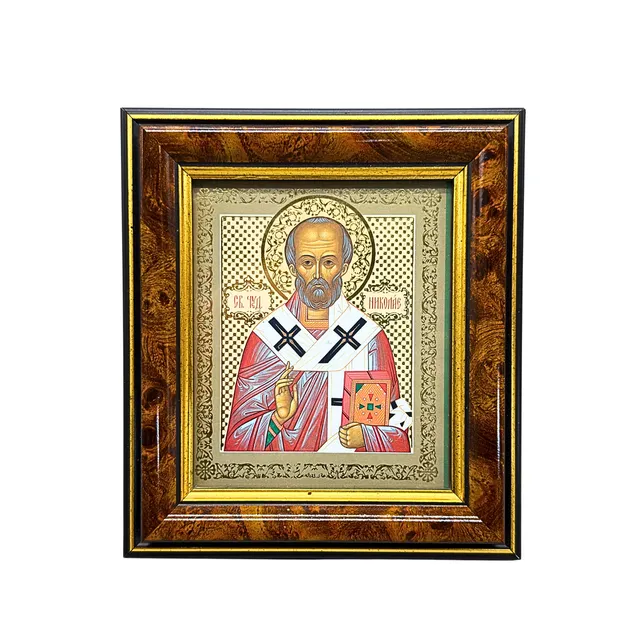 ST. NIKOLAUS IKONE IN EINEM HOLZRAHMEN GEFASST.
