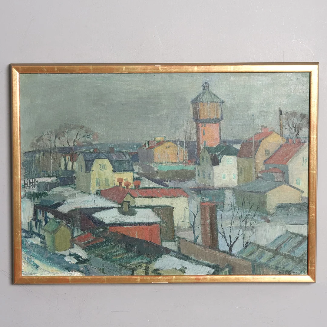 INGA BERG. OLJA PÅ DUK, "Stadsbild från norr", signerad, daterad. — Paintings — Örebro Stadsauktioner