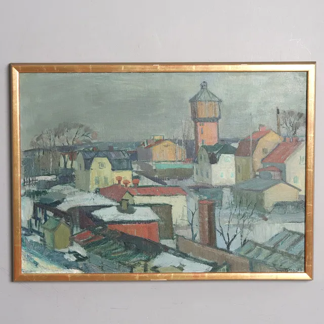 INGA BERG. OLJA PÅ DUK, "Stadsbild från norr", signerad, daterad.