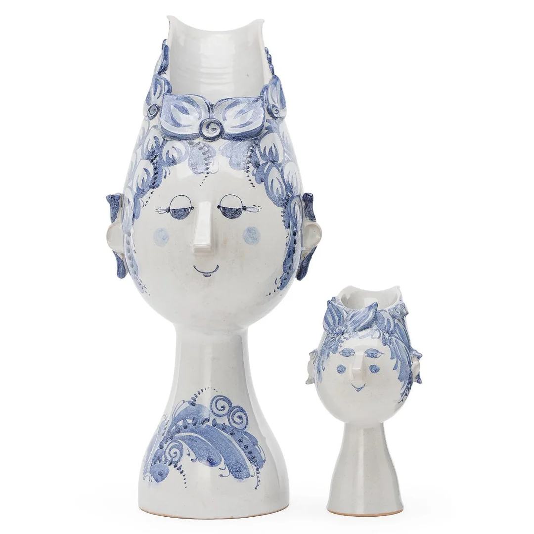 Two earthenware vases modelled in the form of female figures. Decorated with blue-glazed decor on a light grey base. Signed monogram, V.18–75 and V22–79 respectively, Danmark. H. 18 and 41.3 cm. (2) — Modern Decorative Art — Bruun Rasmussen