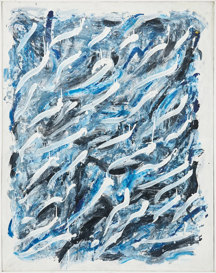 ANNA MIZAK (1939-2019). Tecken i blått. — Paintings — Stockholms Auktionsverk Magasin 5