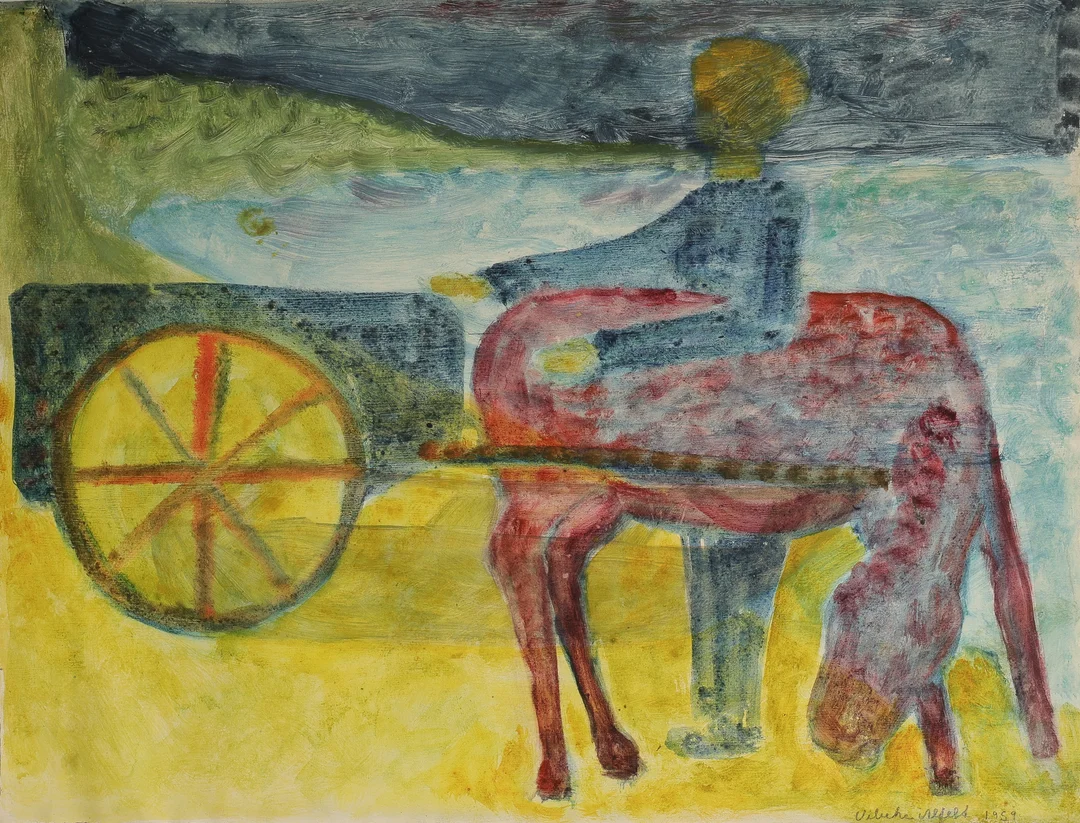 Vibeke Alfelt: Horse-drawn carriage, watercolor — Paintings and sculptures/Modern pictorial arts — Lauritz