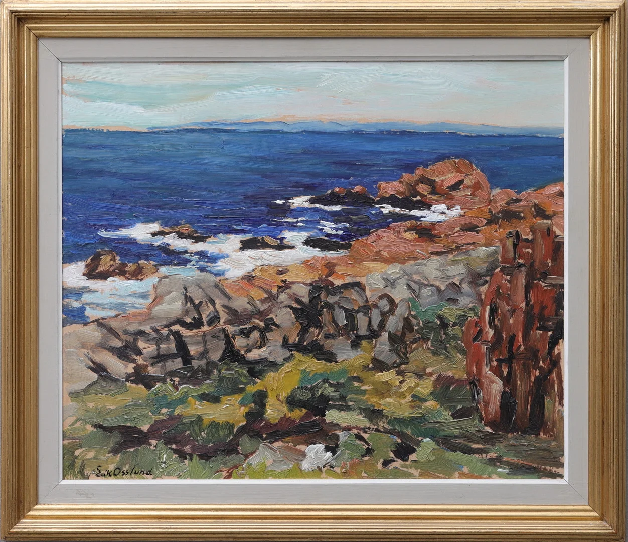 ERIK OSSLUND. Olja på pappannå, "Klippor och skär", signerad. — Paintings — Gomér & Andersson Norrköping