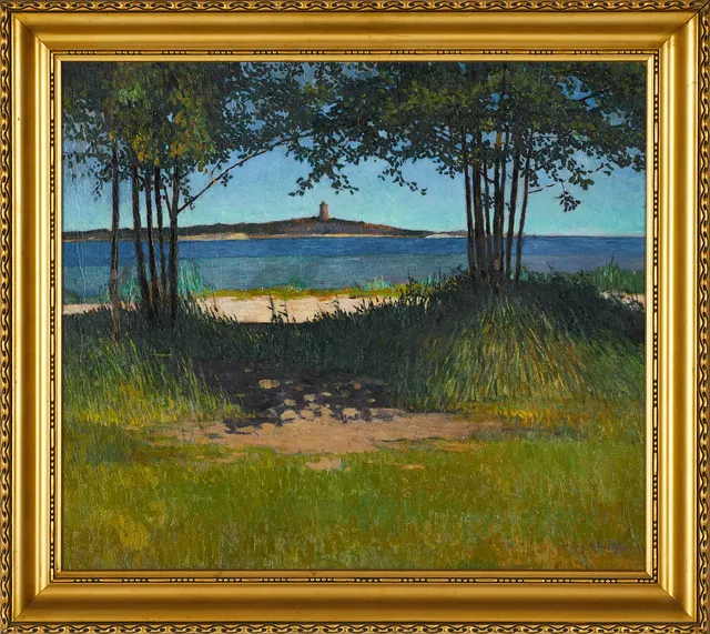 ARTUR BIANCHINI (Sverige, 1869-1955): Sandhamn, vy mot Korsö, signerad Arthur Bianchini., olja på pappkartong.