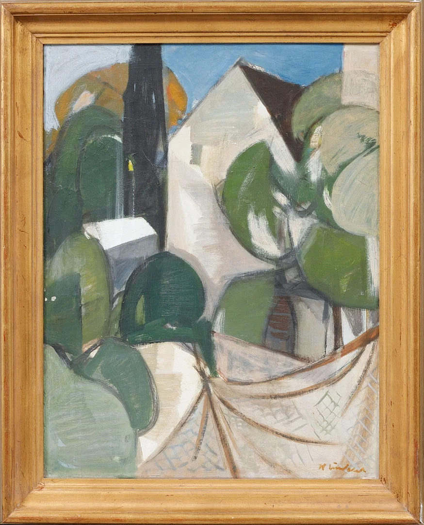 HELGE LINDAHL. Husfasad. Olja på duk, signerad. — Paintings — Göteborgs Auktionsverk