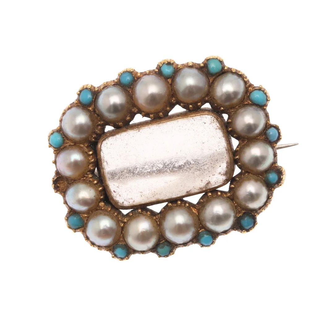 A VICTORIAN PEARL, TURQUOISE AND GOLD BROOCH. — Brooches & Pendants — Lawrences Auctioneers