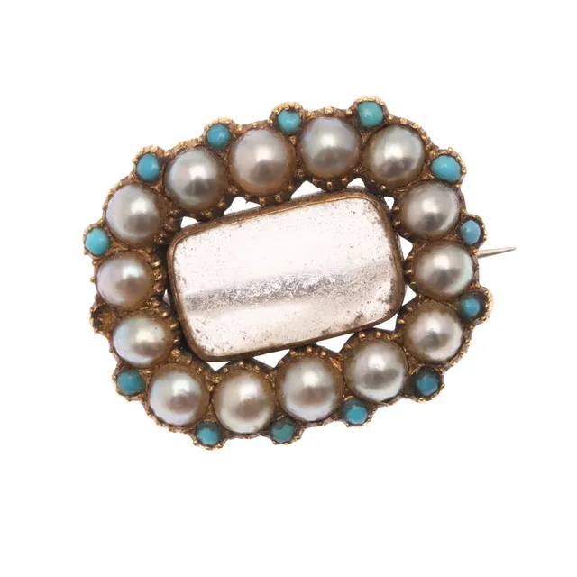 A VICTORIAN PEARL, TURQUOISE AND GOLD BROOCH.