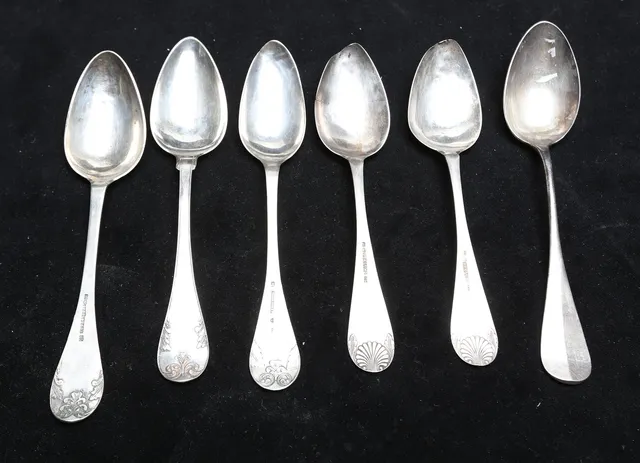 SKEDAR, 6 st, silver, bland annat Högstedt, 1800-tal.