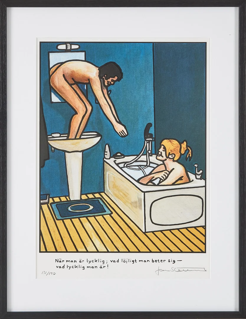 JAN STENMARK (FÖDD 1949). "När man är lycklig; vad löjligt man beter sig - vad lycklig man är!", färgoffset, signerad och numrerad Jan Stenmark, 131/190. — Engravings & Prints — Stockholms Auktionsverk Magasin 5