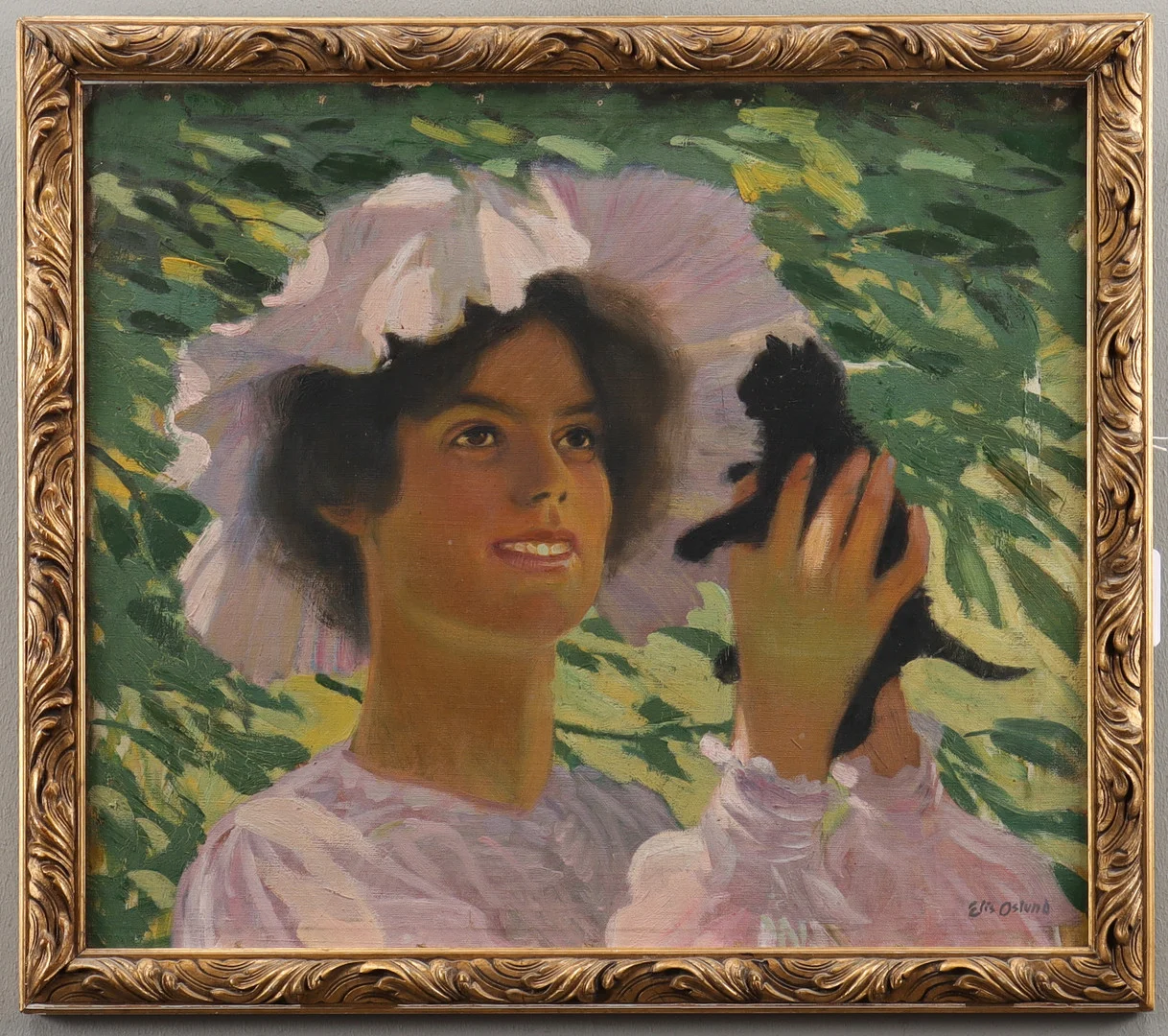 ELIS ÅSLUND. TILLSKRIVEN. Kvinna med kattunge. — Paintings — Karlstad Hammarö Auktionsverk