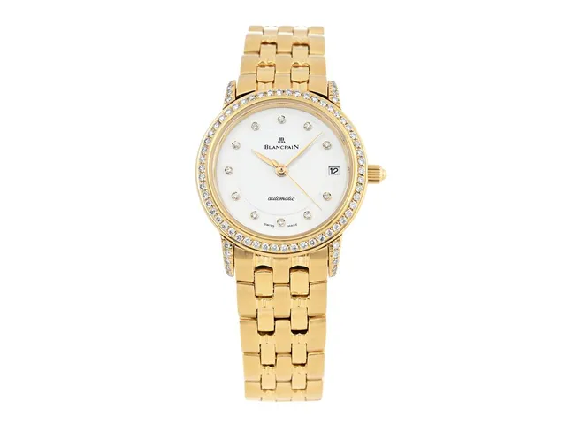 BLANCPAIN, Villeret Ultra Slim, Cal 951, Ref nr. 0096.2828N31D, Serie nr. 1780, damur, 26 mm, 18K guld, automatisk, safirglas (nagg), datum, diamanturtavla (11 st. 8/8), diamanter på boetten (74 st. TW/VS, 0,55 ctv), gravyr, originallänk, viklås, totalvikt 78,7 gram, ca 1990, serviceetui.