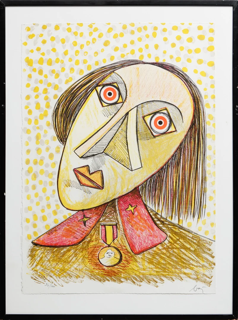 ENRICO BAJ. Figurkomposition, färglitografi, signerad och numrerad 36/100. — Engravings & Prints — Göteborgs Auktionsverk