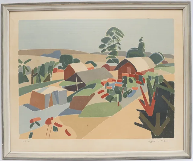 SIGFRID SÖDERGREN. Landskap med by, färglitografi, signerad och numrerad.