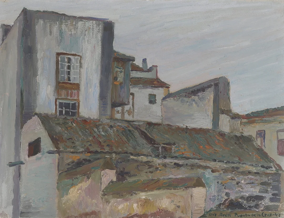 OLOF ARÉN. Olja på pannå, "Puerto de la Cruz, signerad, daterad -43 . — Paintings — RA Auktionsverket Norrköping