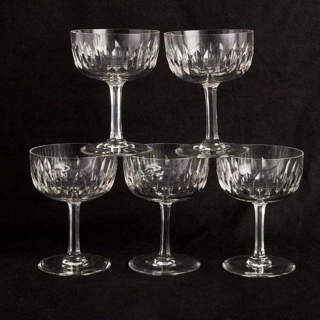 CHAMPAGNEKUPOR, 5 stycken, tidigt 1900-tal, slipat klarglas.