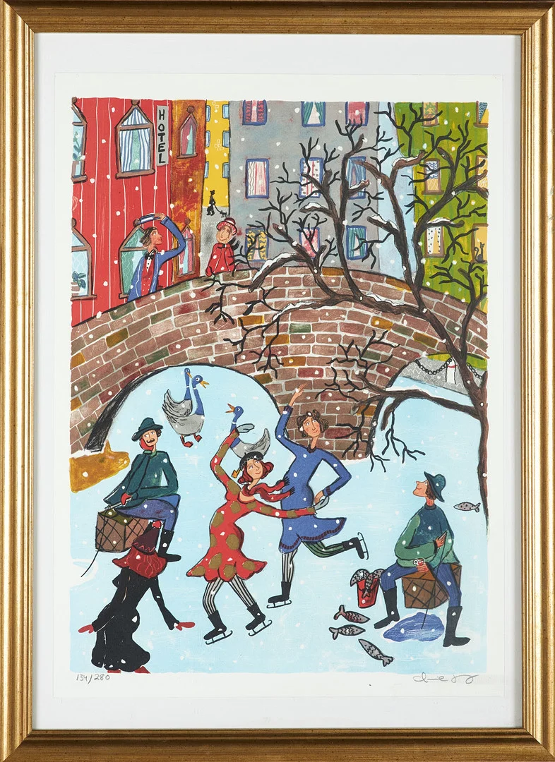MARIKA LANG. Skridskoåkare, signerad samt numrerad 134/280, litografi. — Engravings & Prints — Stockholms Auktionsverk Sickla