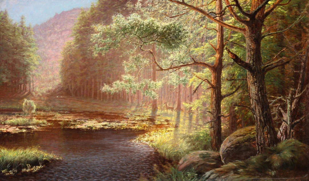 Peter Busch. Skovparti med dådyr — Paintings and sculptures/Older pictorial arts — Lauritz