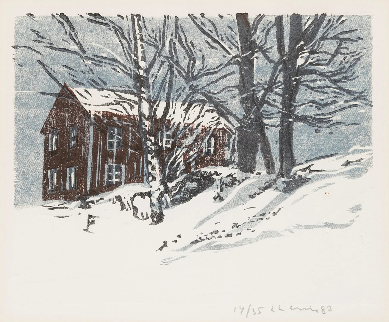 LARS LERIN. Hus i vinterlandskap, kolorerat träsnitt, sgnerad och daterad -83, numrerad 14/35. — Engravings & Prints — Auktionshuset Kolonn