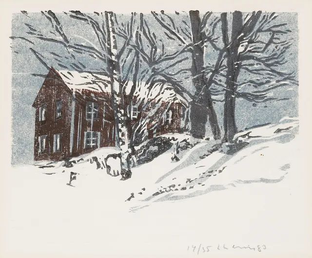 LARS LERIN. Hus i vinterlandskap, kolorerat träsnitt, sgnerad och daterad -83, numrerad 14/35.