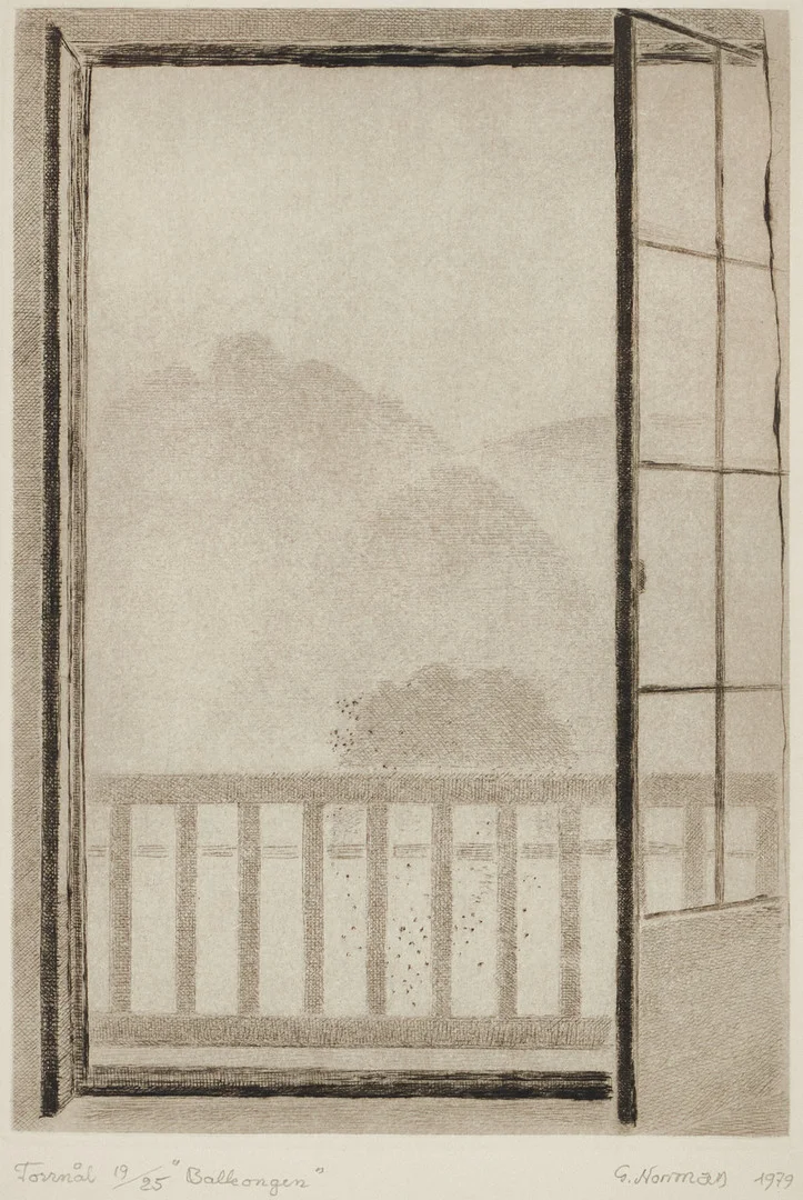 GUNNAR NORRMAN. "Balkongen", signerad och daterad 1979, numrerad 19/25, torrnål. — Engravings & Prints — Crafoord Auktioner Stockholm