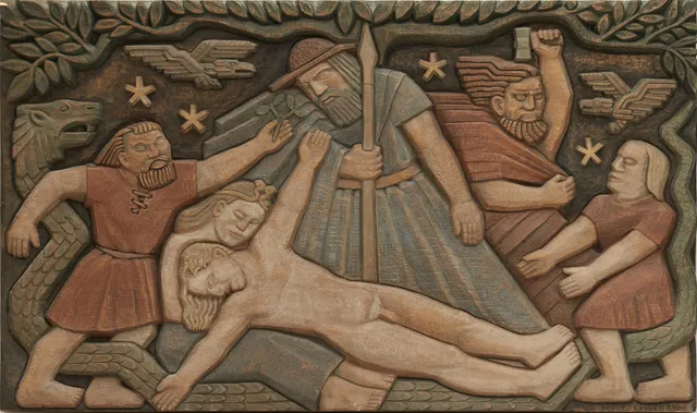BENGT LISSEGÅRDH (Sverige, 1912-1979), Korsnedtagningen, relief/väggskulptur, skuren i trä, polykromt bemålad.