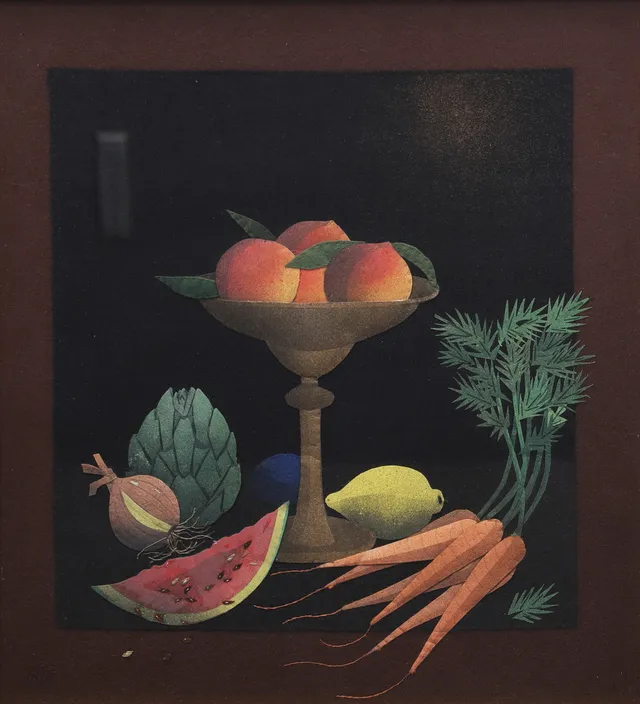 WIBEKE BECK-FRIIS. Stilleben med frukt och grönsaker. tygapplikation, monogramsignerad "WBF".