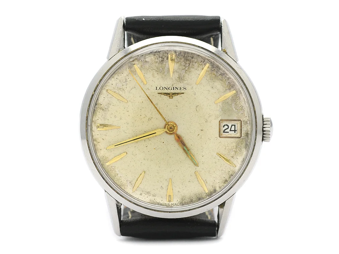 LONGINES, herrur, 34 mm, Cal 281, Serie nr. 11968090, Ref nr. 7234-2, Boett nr. 420, stål, manuell, plexiglas, datum, skadad urtavla, läderband, ca 1961. — Klockor/Longines — Kaplans