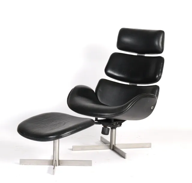Skippers Furniture. Armchair w/ stool, black leather. (2)