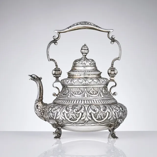 CHRISTIAN HAMMER. A Swedish 19th century parcel-gilt silver teapot, mark of Christian Hammer, Stockholm 1870. Late Baroque style.