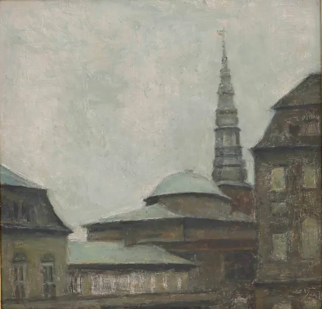 Svend Hammershøi: View over the roof of Christiansborg castle church towards the tower of St. Nicholas Church