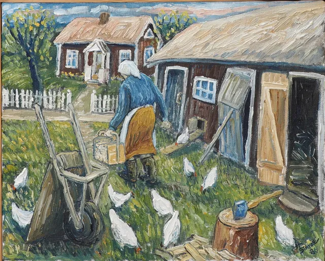 HÅKAN STAHRE. Gårdssysslor, Olja på duk, signerad, daterad -86.