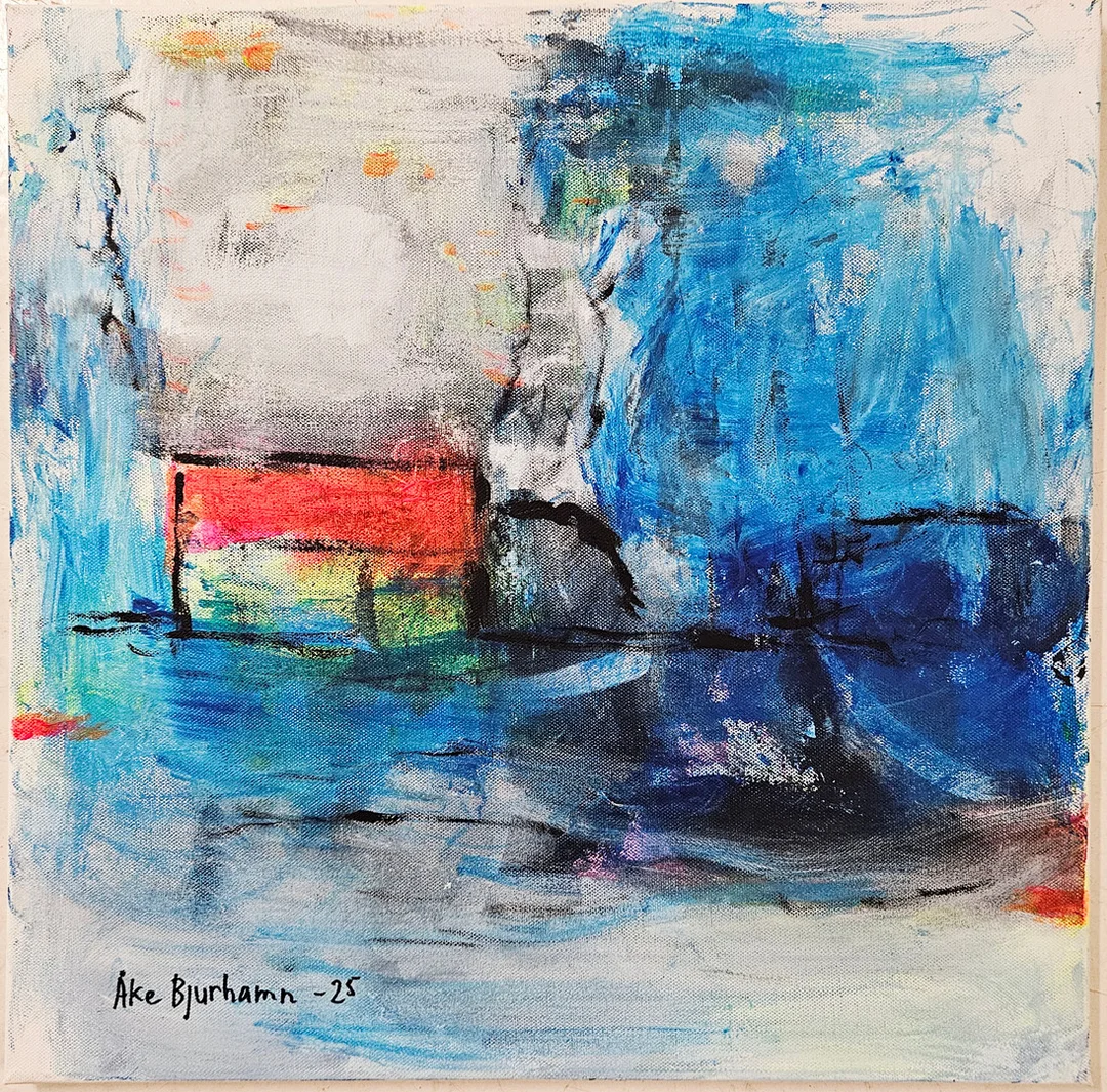 ÅKE BJURHAMN. "Hus vid havet". Akryl på duk. Signerad och daterad -25. — Paintings — Auktionshuset Thörner & Ek