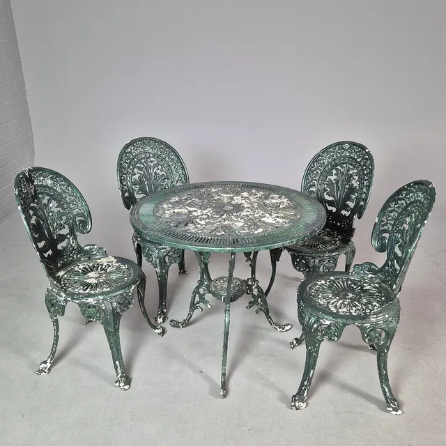 GARDEN TABLE AND FOUR CHAIRS (5).