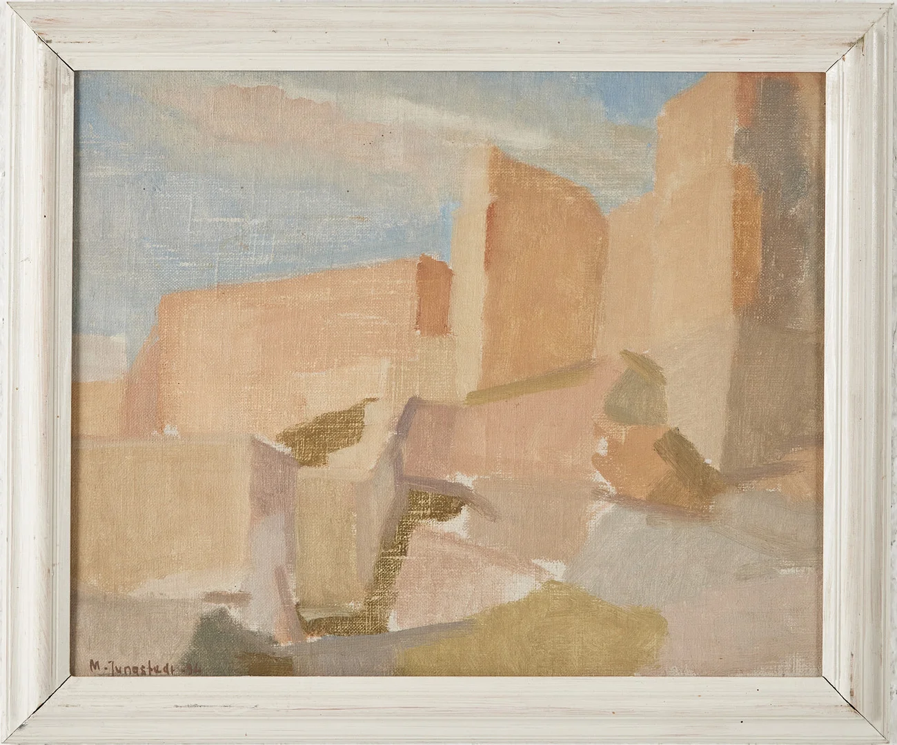 MATTS JUNGSTEDT (Född 1924). Stadsbild, olja på pannå, signerad och daterad M. Jungstedt -54. — Paintings — Stockholms Auktionsverk Magasin 5