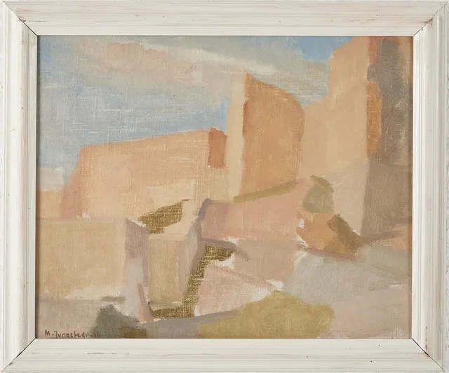 MATTS JUNGSTEDT (Född 1924). Stadsbild, olja på pannå, signerad och daterad M. Jungstedt -54.