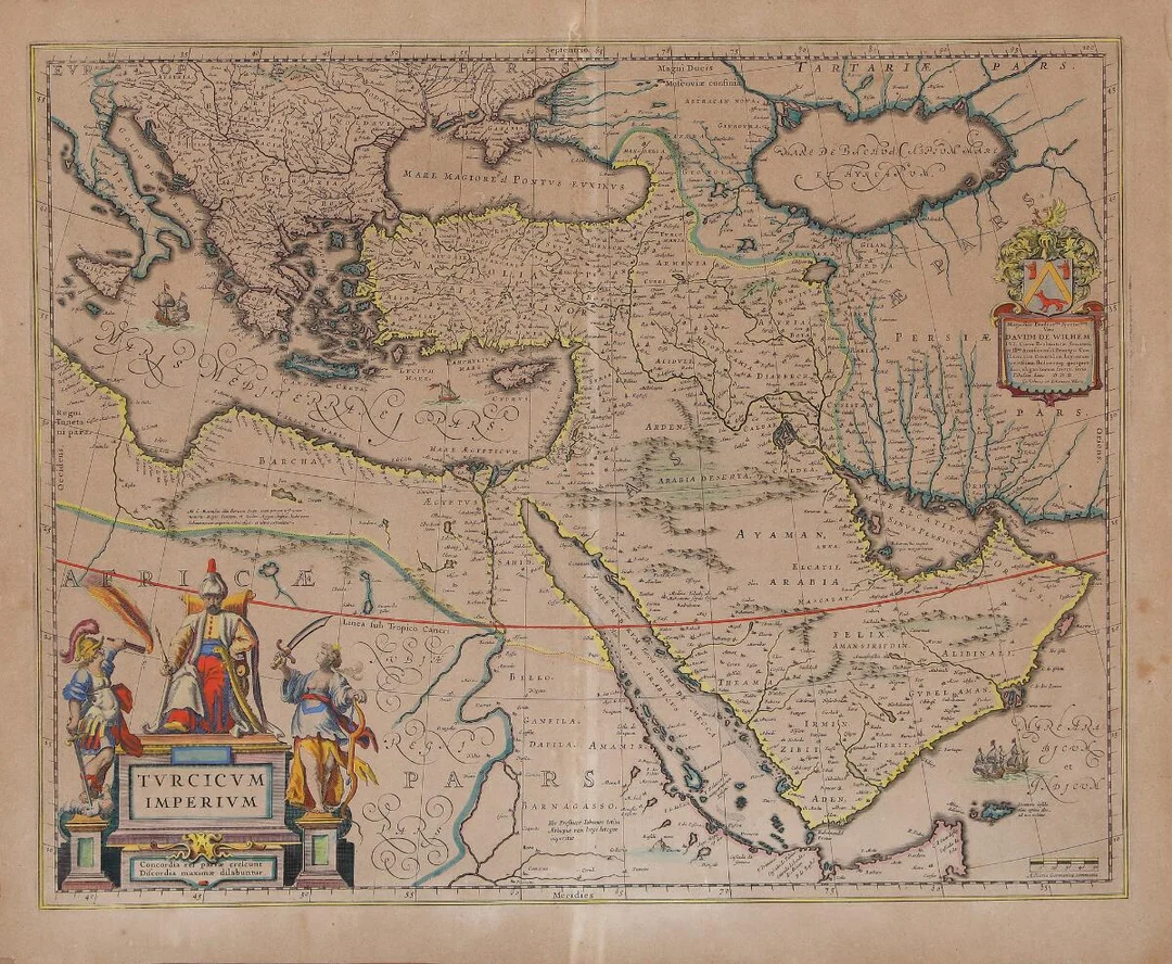 “Turcicum Imperium”. Circa 1635. Handcoloured etching. Sheet size 47×57 cm. — Prints & Drawings — Bruun Rasmussen