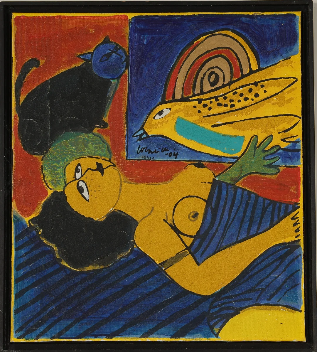 Corneille (Guillaume Cornelis van Beverloo, 1922-2010): Figural scenery with woman, bird and cat. Terragrafi, 2004. — Paintings and sculptures/Prints and photography — Lauritz