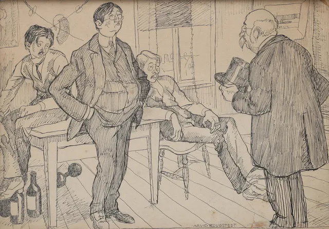 ARVID FOUGSTEDT. tusch på papper, figurscen, signerad.